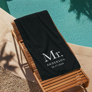 Luxe Elegance Black Mister and Wedding Date Beach Towel
