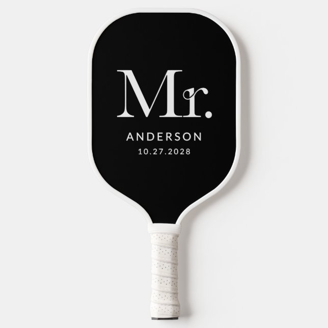 Luxe Elegance Black | Mister and Wedding Date Pickleball Paddle (Front)