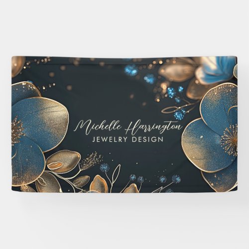 Luxe Elegance Blue and Gold Floral Jewelry Design Banner