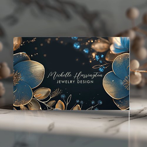 Luxe Elegance Blue and Gold Floral Jewelry Design Business Card