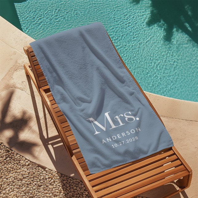 Luxe Elegance Dusty Blue | Mrs and Wedding Date Beach Towel (Creator Uploaded)