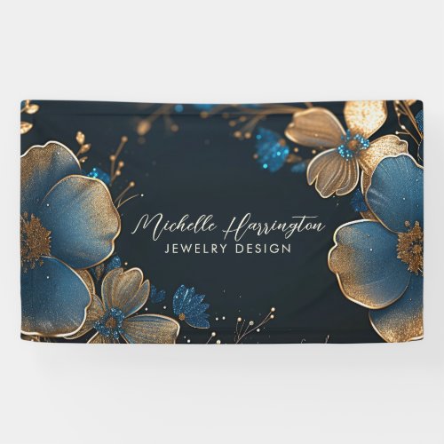 Luxe Elegance Gold and Blue Floral Jewelry Design Banner