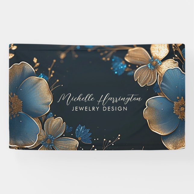 Luxe Elegance Gold and Blue Floral Jewelry Design Banner (Horizontal)