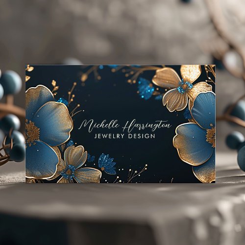 Luxe Elegance Gold and Blue Floral Jewelry Design Business Card