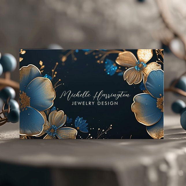 Luxe Elegance Gold and Blue Floral Jewelry Design Business Card (Creator Uploaded)