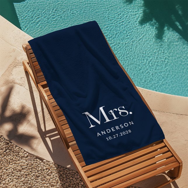 Luxe Elegance Navy Blue | Mrs and Wedding Date Beach Towel (Creator Uploaded)