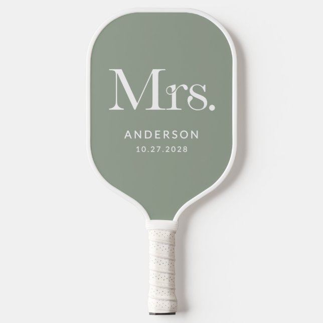 Luxe Elegance Sage Green | Mrs and Wedding Date Pickleball Paddle (Front)