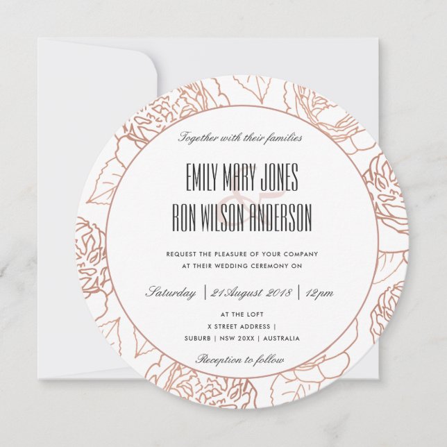 LUXE ELEGANT BLUSH PINK ROSE GOLD FLORAL WEDDING INVITATION (Front)