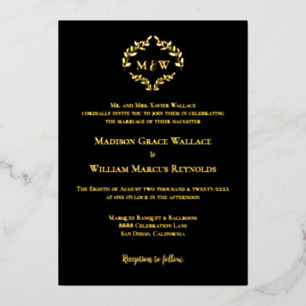 Luxe Elegant Crest Wedding Monogram Black Gold   Foil Invitation