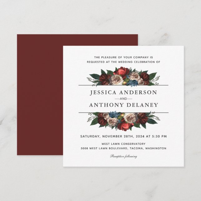 Luxe Elegant Floral Wedding Square Invitation (Front/Back)