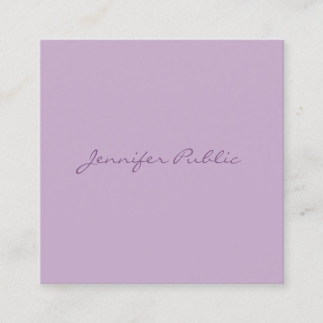 Luxe Elegant Handwritten Script Modern Purple Chic Square Business Card (Front)