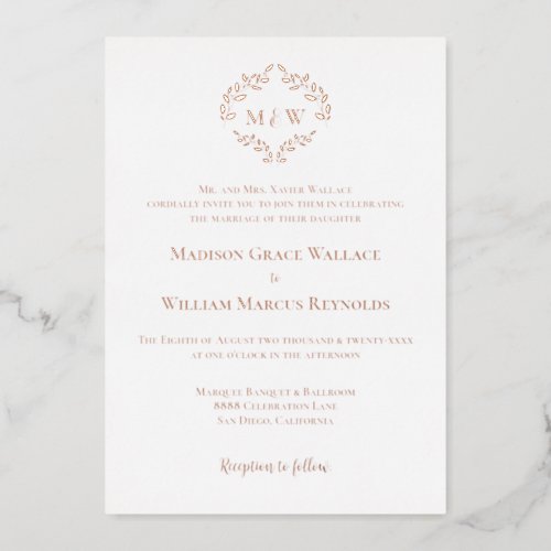  Luxe Elegant Wreath Monogram Rose Gold Wedding  Foil Invitation