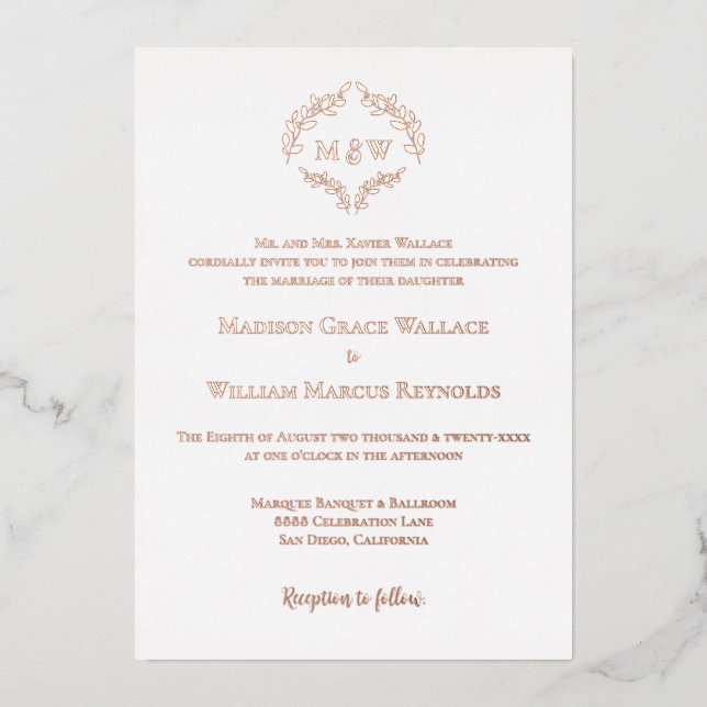  Luxe Elegant Wreath Monogram Rose Gold Wedding  Foil Invitation (Front)