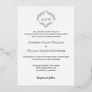 Luxe Elegant Wreath Monogram White Silve Wedding Foil Invitation