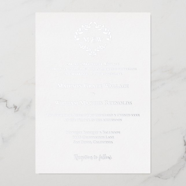  Luxe Elegant Wreath Monogram White Silve Wedding  Foil Invitation (Front)