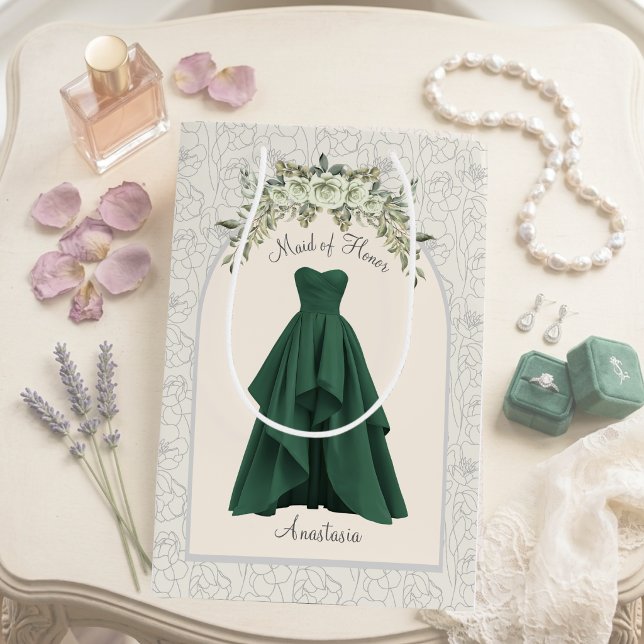 Luxe Emerald Green Maid of Honor Personalized Medium Gift Bag (Luxe Maid of Honor proposal gift bag personalized forest green wedding party gift packaging)