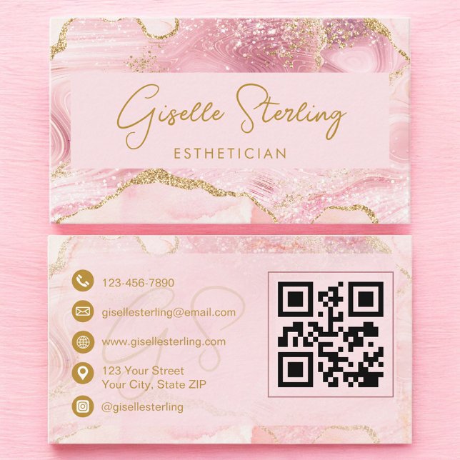 Luxe Esthetician Blush Pink Gold Agate QR Code Business Card (Creator Uploaded)