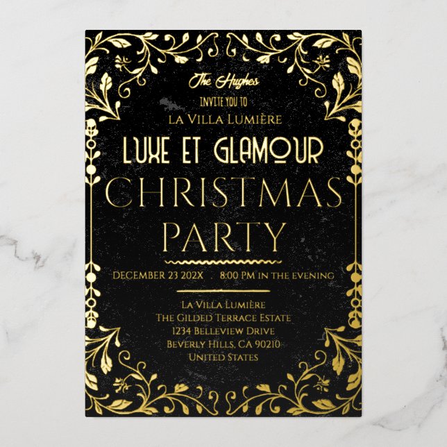 Luxe et Glamour Black Gold Christmas Invitation Foil Invitation (Front)