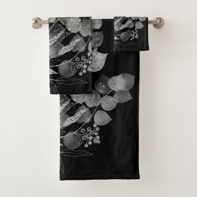 LUXE EUCALYPTUS BRANCH SILVER BATHROOM TOWEL SET (Insitu)