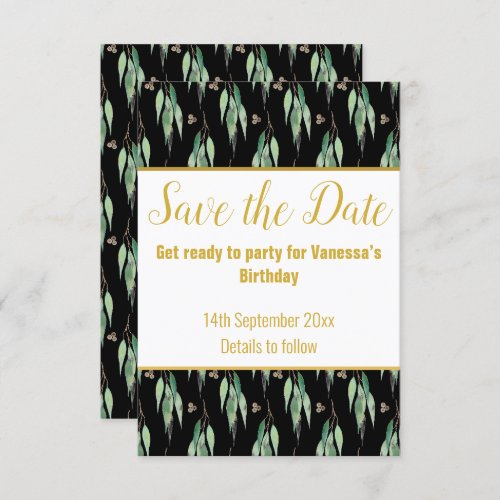 LUXE EUCALYPTUS PATTERN BLACK SAVE THE DATE RSVP 