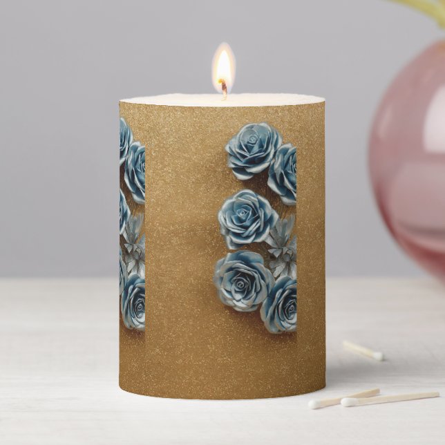 Luxe Faux Blue Glitter Roses Gold Glitter Candle (In Situ)