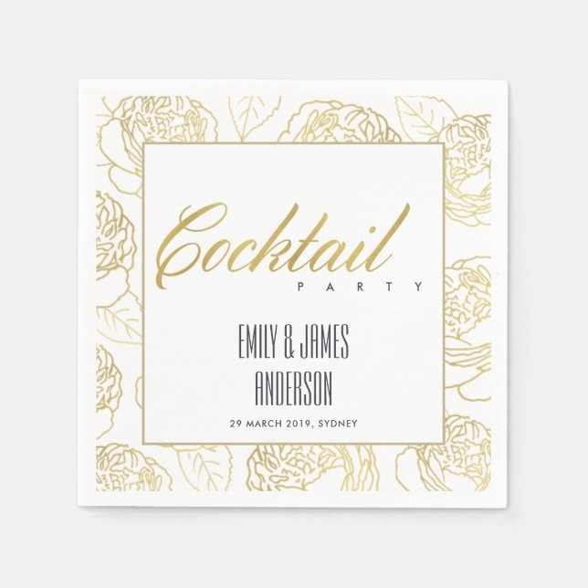LUXE FAUX GOLD ELEGANT ROSE FLORAL COCKTAIL PARTY NAPKINS (Front)