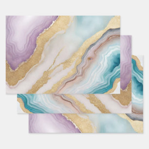 Luxe Faux Gold Glitter, Turquoise & White Marble  Wrapping Paper Sheets