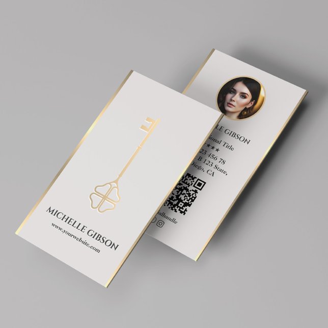 Luxe Faux Gold Key Photo Light Sand Realtor QR Business Card (Luxe Faux Gold Key Photo Light Sand Realtor QR Business Card
)