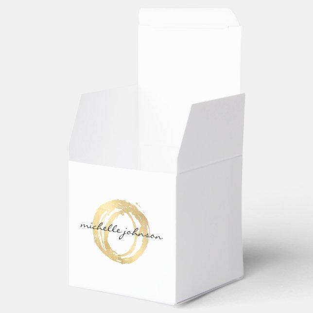 Luxe Faux Gold Painted Circle Designer Logo Favor Boxes (Opened)