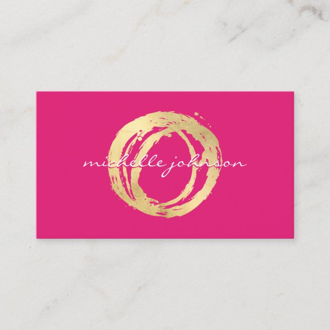 Luxe Faux Gold Painted Circle Designer Logo Pink Business Card (Front)