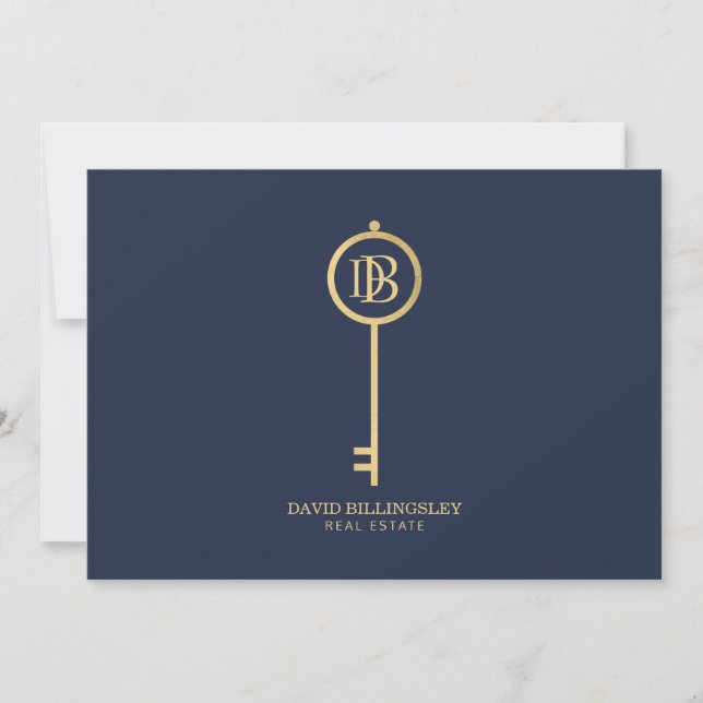 Luxe Faux Gold Skeleton Key Monogram Navy Note Card (Front)