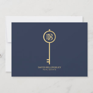 Luxe Faux Gold Skeleton Key Monogram Navy Note Card