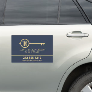 Luxe Faux Gold Skeleton Key Monogram Realtor Blue Car Magnet