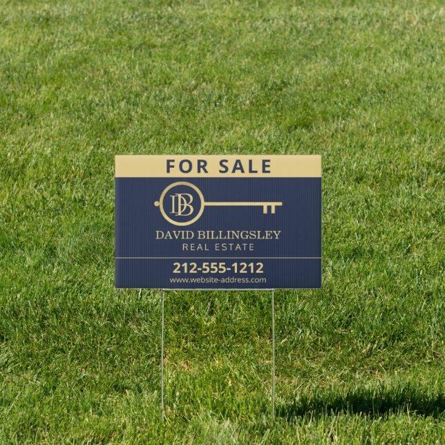 Luxe Faux Gold Skeleton Key Monogram Realtor Blue Sign (Insitu)