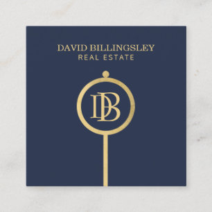 Luxe Faux Gold Skeleton Key Monogram Realtor Blue Square Business Card