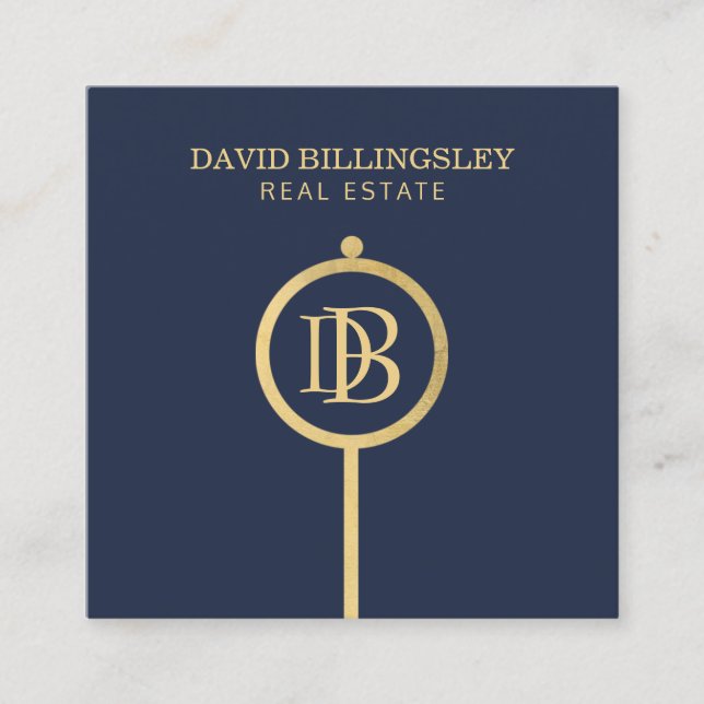 Luxe Faux Gold Skeleton Key Monogram Realtor Blue Square Business Card (Front)