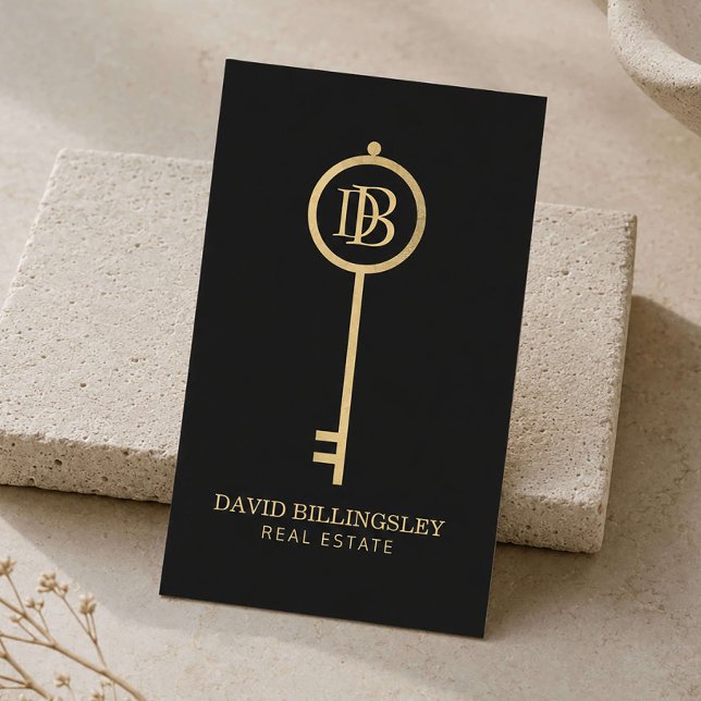 Luxe Faux Gold Skeleton Key Monogram Realtor Business Card (Creator Uploaded)
