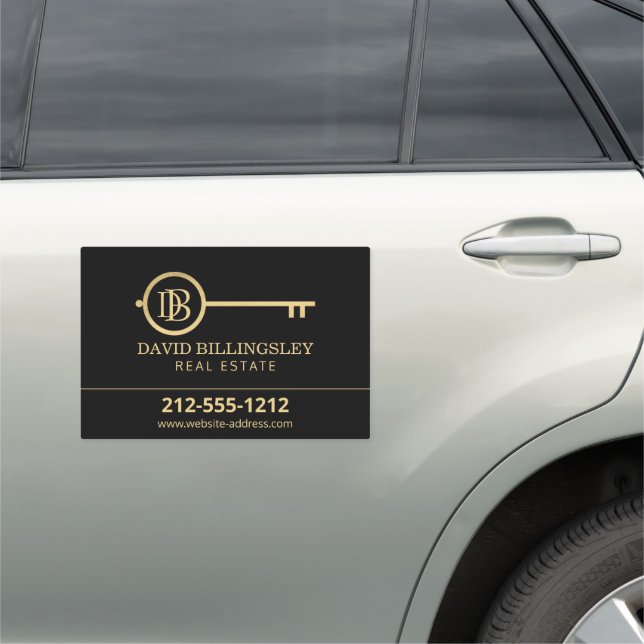 Luxe Faux Gold Skeleton Key Monogram Realtor Car Magnet (In Situ)