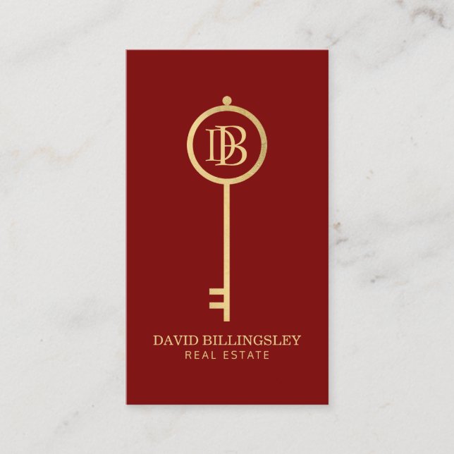 Luxe Faux Gold Skeleton Key Monogram Realtor Red Business Card (Front)