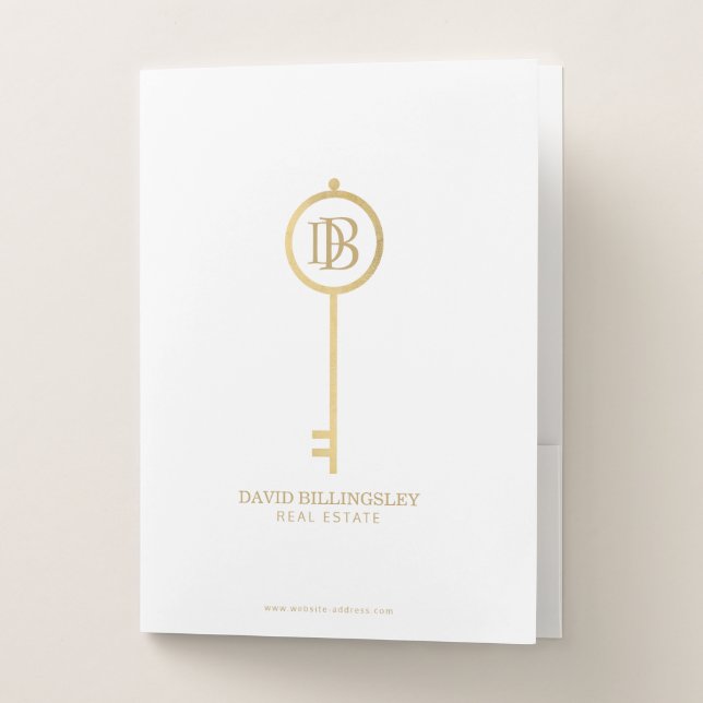 Luxe Faux Gold Skeleton Key Monogram Realtor White Pocket Folder (Front)