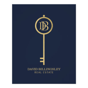 Luxe Faux Gold Skeleton Key Navy Logo Download Poster