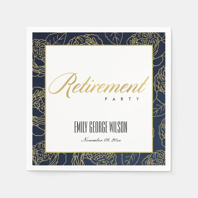 LUXE FAUX GOLD WHITE NAVY ROSE FLORAL RETIREMENT NAPKINS (Front)