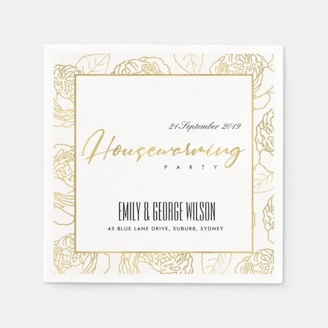 LUXE FAUX GOLD WHITE ROSE FLORAL HOUSEWARMING NAPKINS (Front)