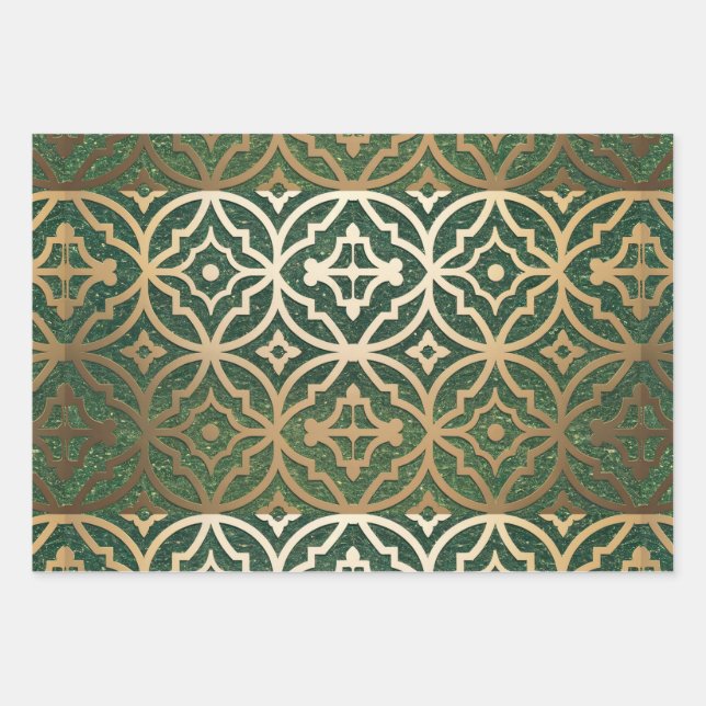 Luxe Faux Green Glitter Metallic Gold Kaleidoscope Wrapping Paper Sheets (Front)