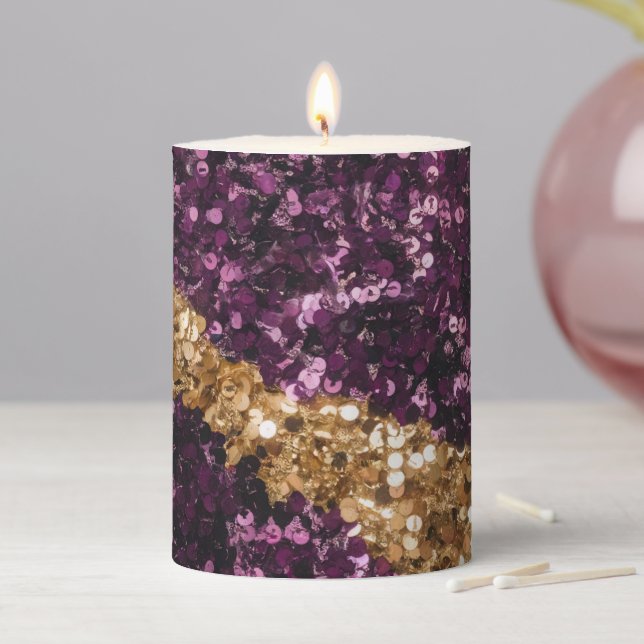 Luxe Faux Purple Glitter Gold Glitter Pillar  Candle (In Situ)