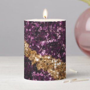 Luxe Faux Purple Glitter Gold Glitter Pillar Pillar Candle