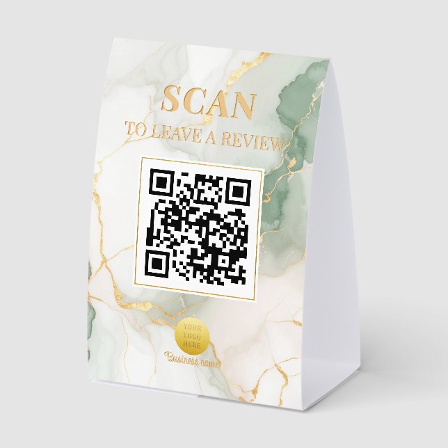 Luxe Feminine Marble Sage Green Gold QR Code Paper Table Tent (Front)