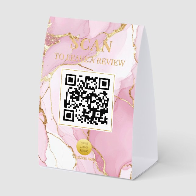 Luxe Feminine Marble Soft Pink and Gold QR Code Paper Table Tent (Front)