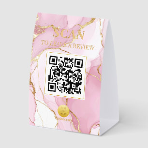 Luxe Feminine Marble Soft Pink and Gold QR Code Table Tent