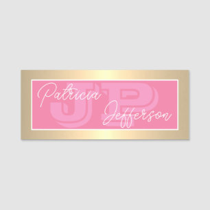 Luxe Flamingo Pink Gold Monogram Business Name Tag